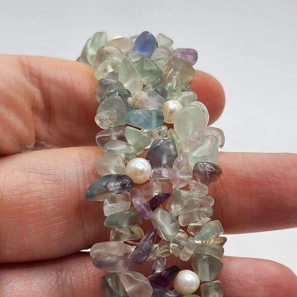 Healing Flourite Chip Genuine Pearl Green Purple Beaded Bracelet Stretch Elastic - Picture 2 of 4